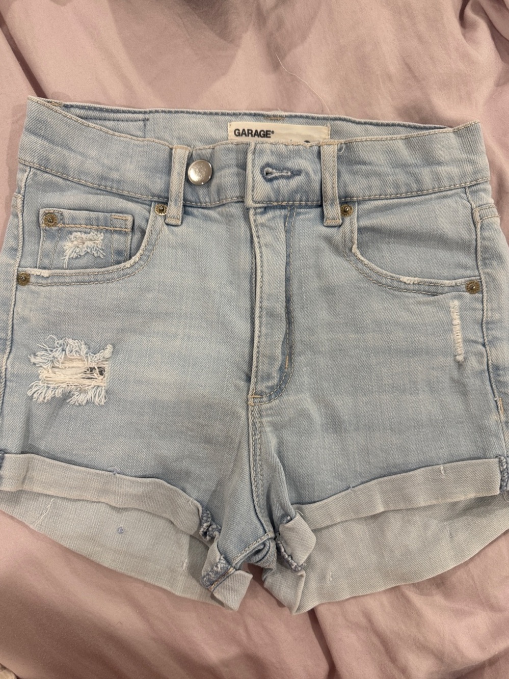 Garage Light Blue Distressed Rolled-Hem Denim Shorts
